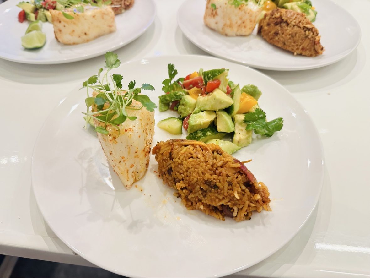 Sea bass with avocado salad and rice