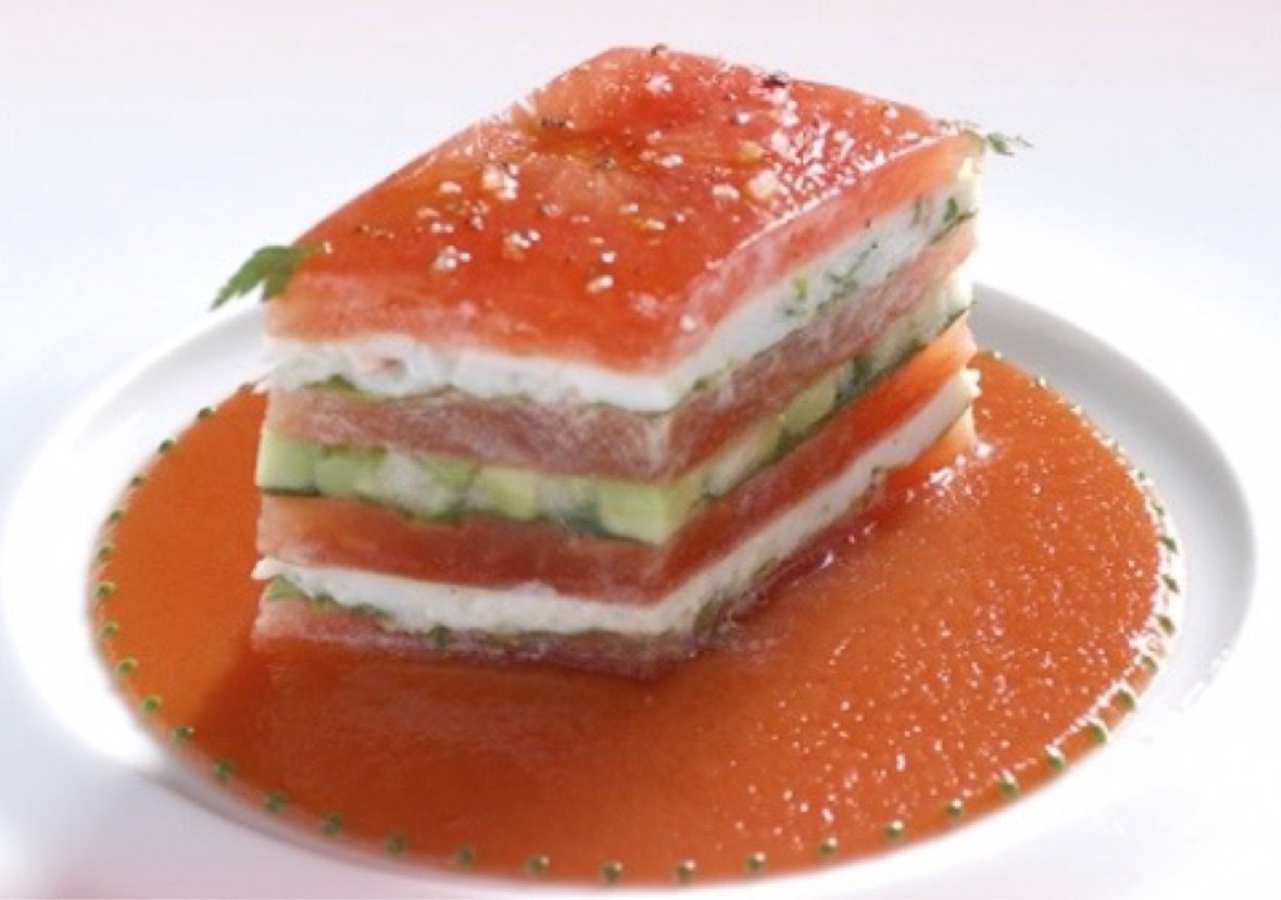 Heirloom tomato terrine with tomato consommé