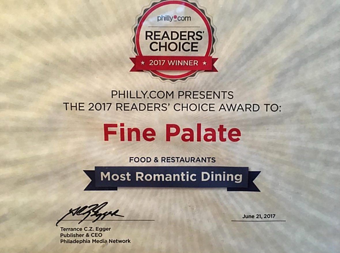 Philly.com Readers Choice 2017 award, Most Romantic Dining, Fine Palate