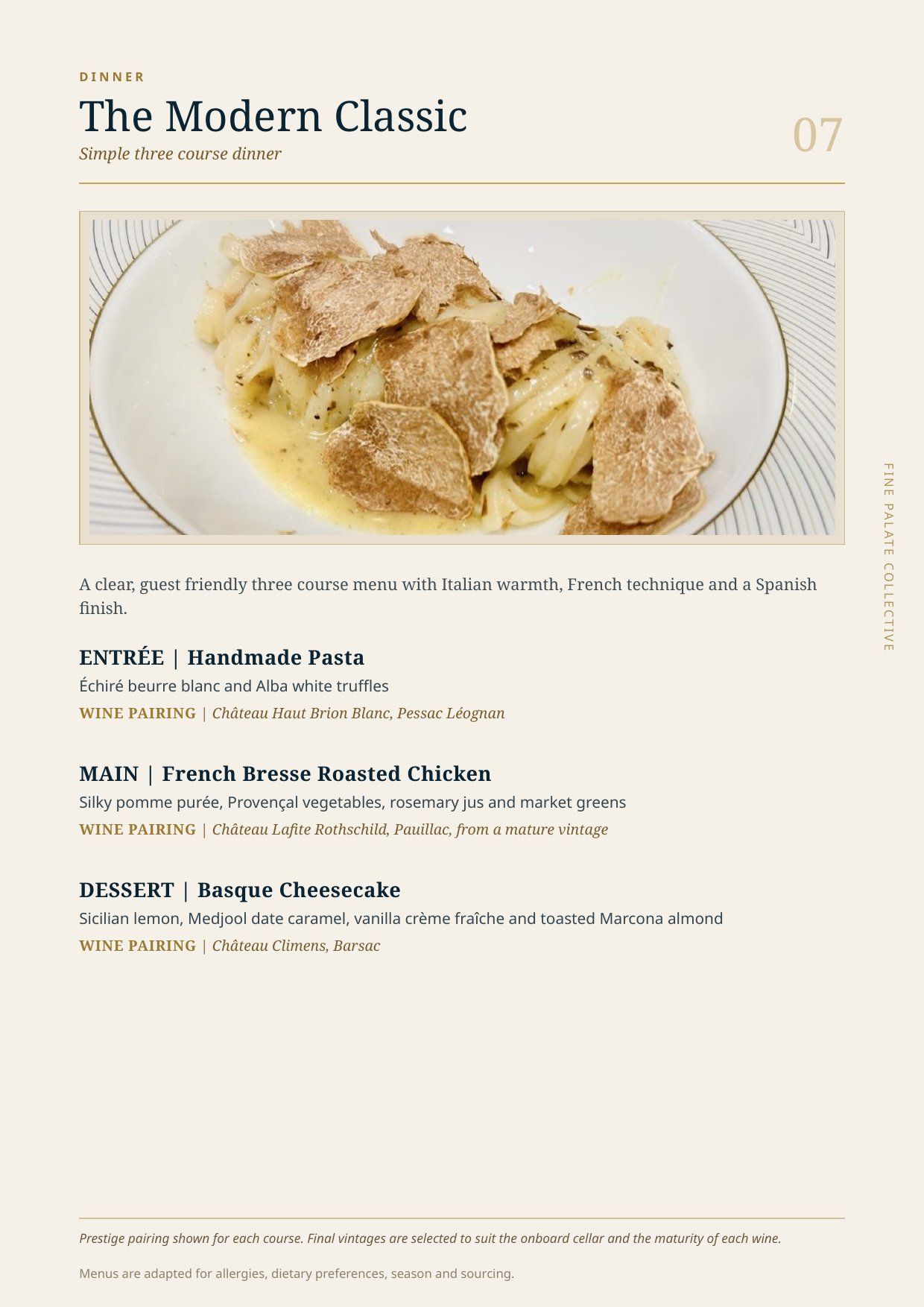 The Modern Classic, simple dinner menu