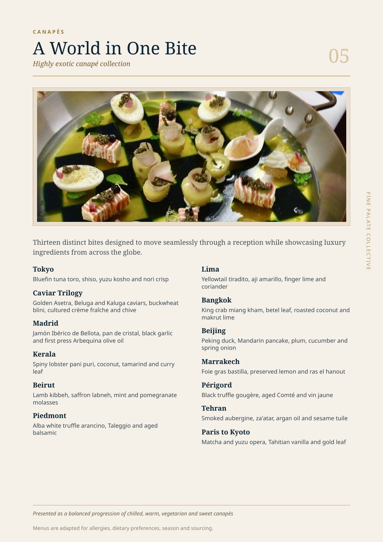 A World in One Bite, exotic canape menu